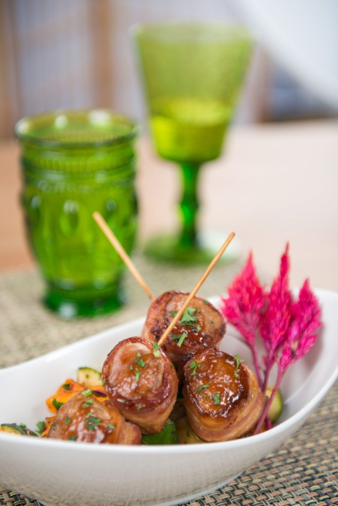 Small Plate Meal of our seared, bacon wrapped scallops.
